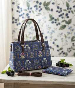 Blue Floral Jacquard Handbag Tote Purse Set Brown <b>Strap</b> Shoulder Bag with Pouch for Daily Use - Product Image 2