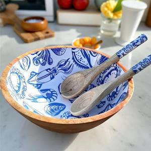 Juego de tazones para servir de madera de mango hechos a mano con cucharas a juego y estampado de esmalte curado - Océano - Product Image 3