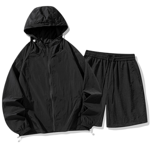 <b>Men's</b> Black Hooded Zipper Windbreaker <b>Jacket</b> and Woven Shorts Set Casual <b>Summer</b> Breathable Quick Dry 100% Nylon - Product Image 2