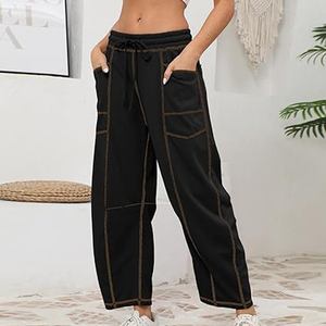 Pantalones de chándal holgados y cómodos de algodón 100% para mujer, estilo barrel, con cintura elástica y bolsillos, joggers de frente plano para primavera - Product Image 3