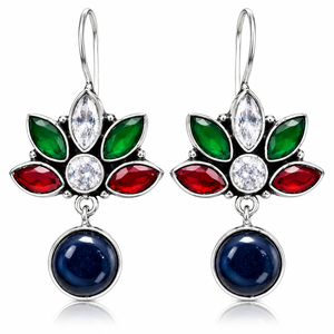 Vente en gros de boucles d'oreilles créoles tendance en acier inoxydable, style tribal bohème, multicolores et à motif floral |   Bijou ethnique en argent oxydé avec zircon - Product Image 1
