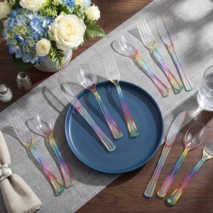 Ensemble de couverts jetables pour fête en plastique arc-en-ciel sans BPA, PP/PS, écologiques, recyclables, biodégradables, fourchettes, couteaux, cuillères robustes - Product Image 1