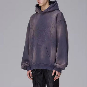 เสื้อฮู้ดดี้ผู้ชายผ้าฝ้ายหนานุ่มคุณภาพสูงสำหรับฤดูหนาว พิมพ์ลายดิจิทัล แต่งขาดแบบดิสเทรส ล้างสีแบบ Stone Acid Wash - Product Image 3