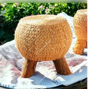Elegant Bamboo Farmhouse Antique Round Ottoman with Bone Inlay Console Sofa Foot <b>Stool</b> Legs for Living Bedroom Apartments - Product Image 2
