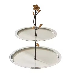 Elegant Off-White 2 Tier <b>Cake</b> Stand Gold Sculpted Branch Handle Butterfly <b>Flower</b> Top Accent <b>Decorative</b> Metal <b>Cake</b> Stand - Product Image 2
