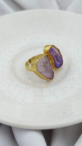Natural Agate Statement <b>Ring</b> Brass Gold Plated Bezel <b>Set</b> Resizable Tropical Jewelry for <b>Women</b> - Product Image 6