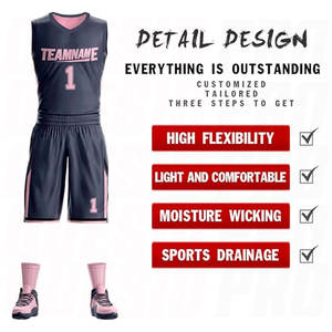 Ensemble de tenue de basketball bleu marine et rose, maillot et short personnalisés en polyester, respirant et à séchage rapide, pour l'entraînement sportif - Product Image 3