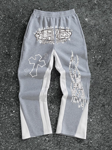 <b>Men's</b> Eco-friendly 100% Cotton Black Sweatpants Acid Wash <b>White</b> Flames Cross Print Elastic Waist Drawstring Street Style <b>Pants</b> - Product Image 5