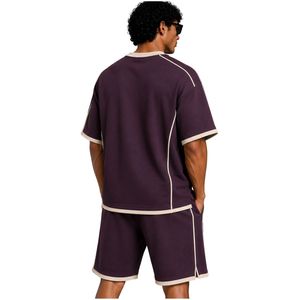 Plum Purple Mens Oversized T Shirt And Shorts <b>Set</b> Beige Contrast Piping Customized Logo Crew Neck Casual Streetwear Wholesale - Product Image 2
