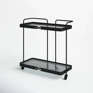 Modern <b>Black</b> Metal Serving Cart with Glass Shelves 27x13 Inch Minimalist Design for Party Storage - Product Image 5