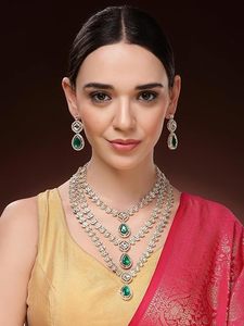 Classic Blue Zinc Plated Layered Long Necklace Earring & Headpiece Set Imitation Pearl Pear Cut Stones for Women Wedding Jewelry - Product Image 2