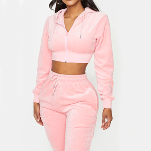 Ensemble de survêtement 2 pièces en polaire rose pour femme, avec capuche et cordon de serrage, manches longues, couleur unie, pantalon de jogging décontracté à côtés contrastants - Product Image 6