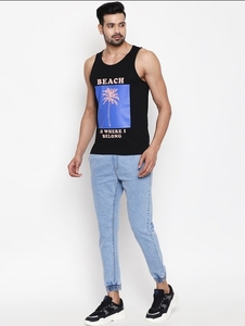 เสื้อกล้ามสีดำสำหรับผู้ชาย พิมพ์ลายต้นปาล์มชายหาด ลำลอง แขนกุด คอกลม ผ้าฝ้ายระบายอากาศได้ดี - Product Image 2