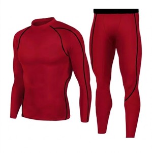 Conjunto de Compresión de 2 Piezas Rojo para Hombre, Camiseta de Manga Larga con Cuello Redondo, Pantalones Largos, Sin Costuras, Elásticos, de Secado Rápido, para Yoga y Fitness - Product Image 2
