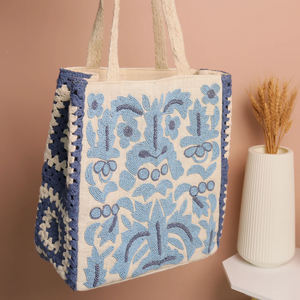 Sac fourre-tout en coton brodé de perles bohèmes pour femmes, fermeture ouverte, fabriqué en Inde par Whimsy Art Craft - Product Image 1