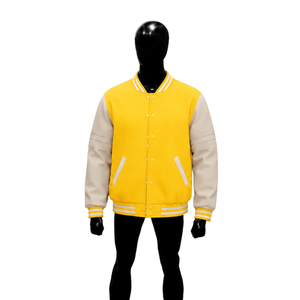 PREMIUM YELLOW LETTERMAN VARSITY <b>JACKET</b> FOR <b>MEN</b> With Beige Sleeves And <b>White</b> Trim Casual Autumn Wear STYLISH COLLEGE DAILY WEAR - Product Image 1