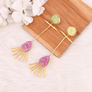 Boucles d'oreilles pendantes élégantes en pierres Druzy solaires et Druzy roses, plaquées or, bijoux en laiton faits à la main pour femmes - Product Image 4