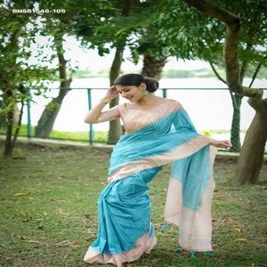 High Quality Tussar Silk with Checks-Printed & Kantha Weaving Border & Kantha Lining Pallu with Tassels Saree-Blouse Saree <b>Love</b> - Product Image 1