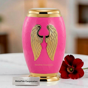 Urne funéraire artisanale en laiton, finition rose, ailes d'ange dorées, durable, de haute qualité, pour commémoration et décoration funéraire – Meilleures ventes - Product Image 1