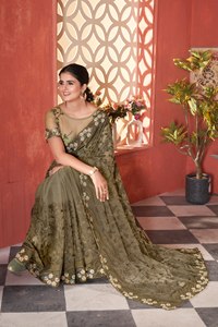 Olive <b>Green</b> Embroidered Silk Saree Set Women Traditional Wedding Wear India Pakistan Style Regular Fit Stretchable - Product Image 3