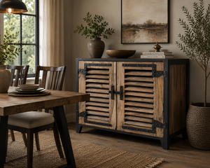 Industrial Design Antique Appearance Solid Mango Wood <b>Sideboard</b> Two Doors Classic Dining Room Metal <b>Storage</b> Cabinet - Product Image 2