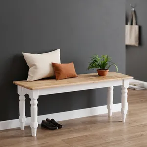 Banco de Madera Maciza con Asiento de Madera Natural y Patas Talladas Pintadas de Blanco, Estilo Rústico, Banco de Entrada de Madera para Sala de Estar - Product Image 3