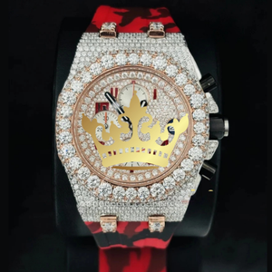 Reloj Cronógrafo de Lujo con Incrustaciones de Diamantes de Imitación en Oro Rosa para Hombre, Correa de Goma con Camuflaje Rojo, Reloj Deportivo con Incrustaciones Completas de Diamantes Moissanite - Product Image 1