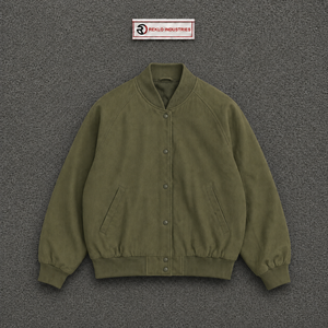 Chaqueta universitaria de lana color oliva para hombre y mujer, chaqueta bomber extragrande personalizada con cierre de botones a presión, cuello, puños y dobladillo acanalados. - Product Image 5