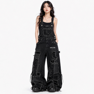 Custom Printed Women's Black Denim Overalls Loose Fit Full Length Ripped <b>Pockets</b> Punk Wide Leg Style Street Wear - Product Image 4