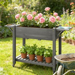 Gray <b>Wooden</b> Elevated Flowerpot <b>Box</b> and Garden <b>Bed</b> Stylish Planting Storage Shed & Storage - Product Image 1