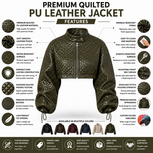 2026 Autumn Women's Stand Collar Quilted PU Jacket Coat Long Sleeve <b>Zipper</b> with Cool Lapel Leather Breathable Casual Short Jack - Product Image 6