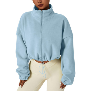 Chaqueta Corta de Forro Polar Azul Claro para Mujer, Cuello Alto, Hombros Caídos, Manga Larga, Estilo Oversize, Cierre Frontal con Cremallera, Color Sólido, OEM - Product Image 6