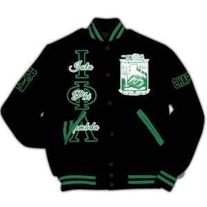 Veste universitaire personnalisée pour femmes Iota Phi Lambda, noire avec contour vert, lettres, blason, numéro et année, style bomber - Product Image 5