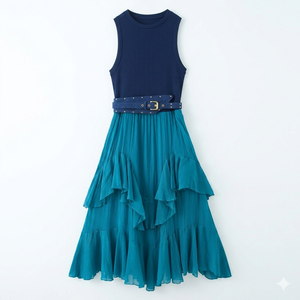 Vestido Midi Vintage de Mujer KAR&OT con Cintura Imperio, Tejido en Capas, con Cinturón y Detalles Decorativos, Primavera/Verano 2026, Nueva Llegada 5029110 - Product Image 2