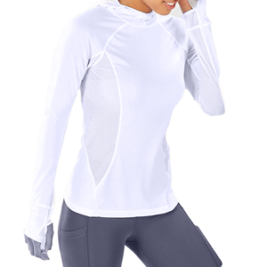 Women's Hooded Long Sleeve Mesh Panel Moisture Wicking Fitted Athletic <b>Top</b> Solid White Summer Breathable Quick Dry - Product Image 5