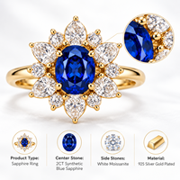 Wholesale 925 Silver Gold Plated 2CT Oval Sapphire Floral Fine Jewelry Ring with White Moissanite for Women Gift Low MOQ