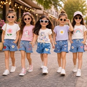 Conjuntos de Ropa para Niñas, Shorts de Mezclilla con Parches y Camisetas Transpirables de Verano, Ropa al por Mayor Hecha en Bangladesh - Product Image 1
