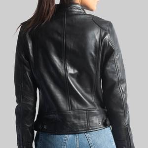 Theresa Womens Black Genuine Leather Breathable Cafe Racer <b>Jacket</b> with Stand-Up Collar - Leather <b>Jacket</b> Black - Product Image 5