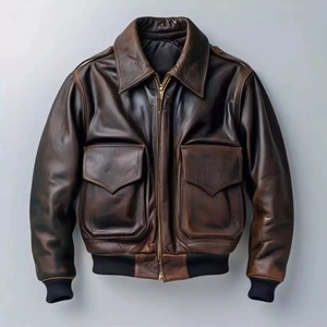 Blouson Bomber en Cuir Marron Foncé Vieilli pour Homme, Style Vintage Écologique, Poignets Côtelés, Poches Cargo, Manteau d'Hiver Chaud - Product Image 4