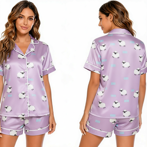 Ensemble de pyjama à manches courtes à pois pour femmes avec col rabattu et fermeture à boutons, vêtements de nuit d'été - Product Image 4