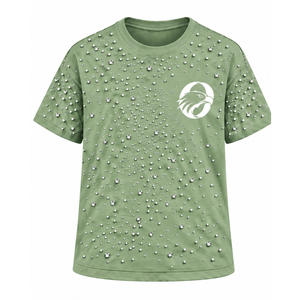 T-shirt unisexe vert sauge orné de perles, col rond élégant, manches courtes, haut perlé tendance pour le streetwear décontracté et le quotidien - Product Image 1