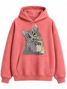 เสื้อสเวตเชิ้ตโอเวอร์ไซส์แบบยูนิเซ็กซ์ ลายปักแมวน่ารัก มีกระเป๋าจิงโจ้ เสื้อฮู้ดลำลองผ้าฟลีซ - Product Image 3