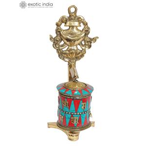 ล้ออธิษฐานของชาวพุทธทิเบตทำด้วยมือขนาด7นิ้วพร้อมแจกัน (ashtamangala) ของตกแต่งบ้านทำจากทองเหลืองจากอินเดียสำหรับเป็นของขวัญ - Product Image 1