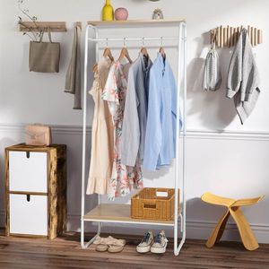 Sturdy White Freestanding Metal <b>Clothes</b> <b>Rack</b> with Wood Shelf Garment <b>Rack</b> Cloths Rails - Product Image 1