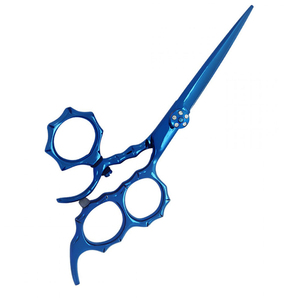 Ciseaux de barbier en acier inoxydable allemand, avec trois trous pour les doigts, anneaux de pouce pivotants, bleus, tranchants, pour droitiers, taille moyenne, en acier - Product Image 3