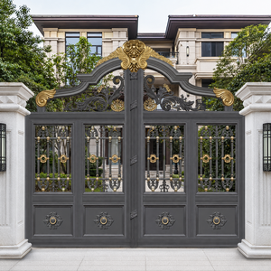 Puerta de Entrada Doble de Hierro Forjado Gris Dorado de Lujo para Villa, con Adornos Decorativos y Paneles de Rejilla Metálica - Product Image 2
