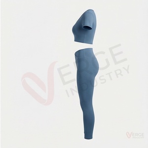 <b>Women</b> <b>Blue</b> Short Sleeve Scoop Neck Crop Top High Waist V Shaped <b>Leggings</b> Yoga 2 Piece Set - Product Image 3