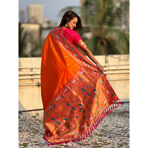 Sari en soie douce orange Swan Rajhans Paithani, vêtements indiens et pakistanais - Product Image 4