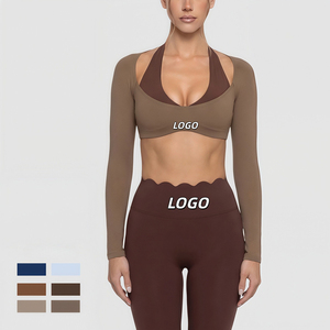 Conjunto de Ropa Deportiva para Gimnasio con Bordes Florales y Logotipo Personalizado, Conjunto de Yoga para Mujer, Top Halter de Manga Larga, Traje de Yoga para Entrenamiento al Aire Libre - Product Image 2