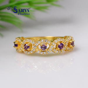 Amethyst Gold Plated Ring 925 Sterling Silver <b>Purple</b> Gemstone Ring with Cubic Zirconia Halo Accents Elegant Vintage Jewelry - Product Image 3